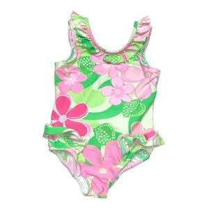Pink Green One Piece Bathing Suit Girl's 4T Floral Ruffle Swimsuit Pool Swim